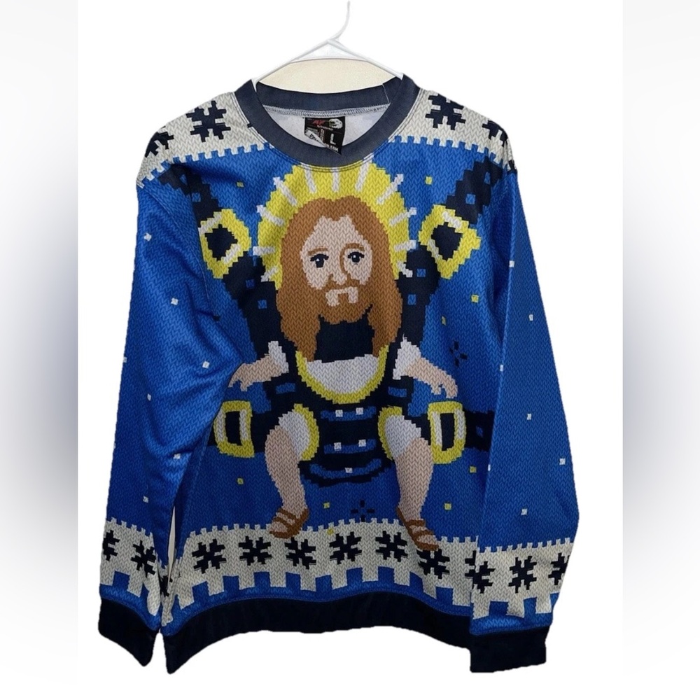 American AF Long Sleeve Baby Jesus Christmas Shirt Size L EUC Funny Humor